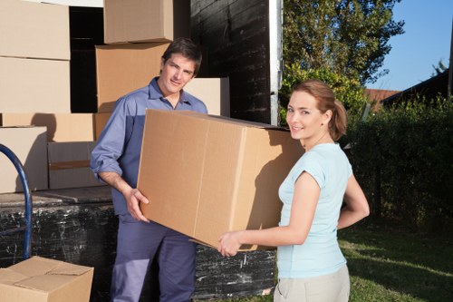 Packed office furniture and equipment prepared for relocation